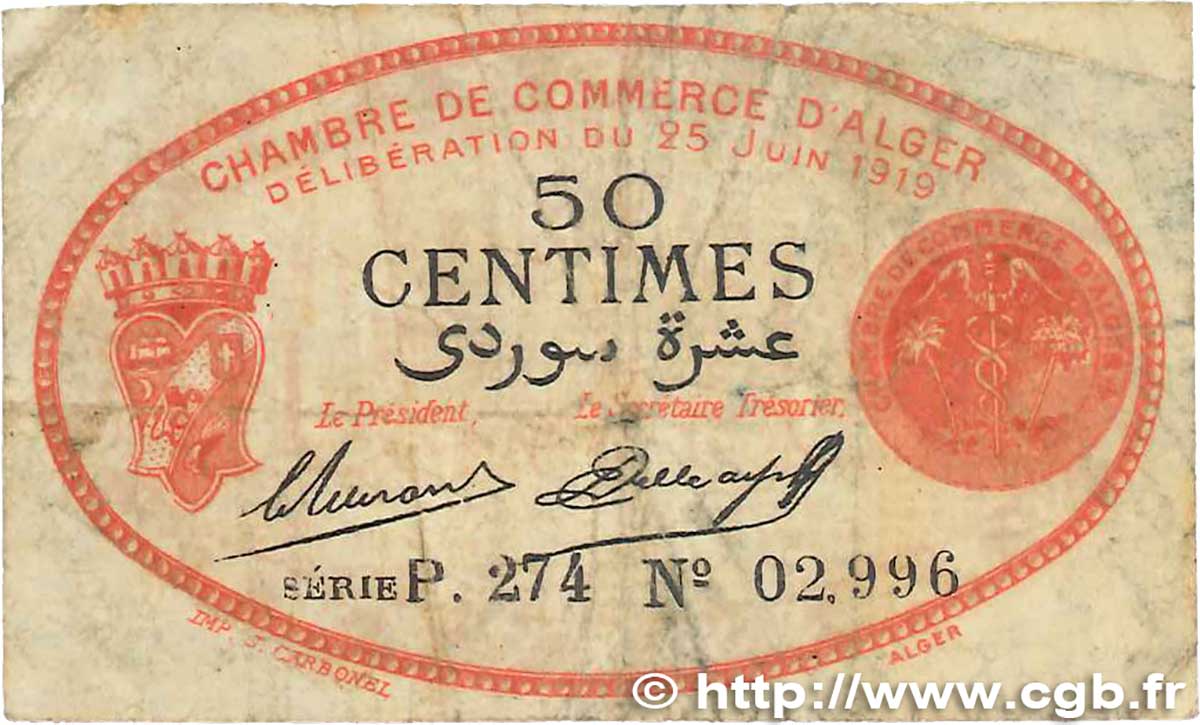 50 Centimes FRANCE regionalismo e varie Alger 1919 JP.137.11 B