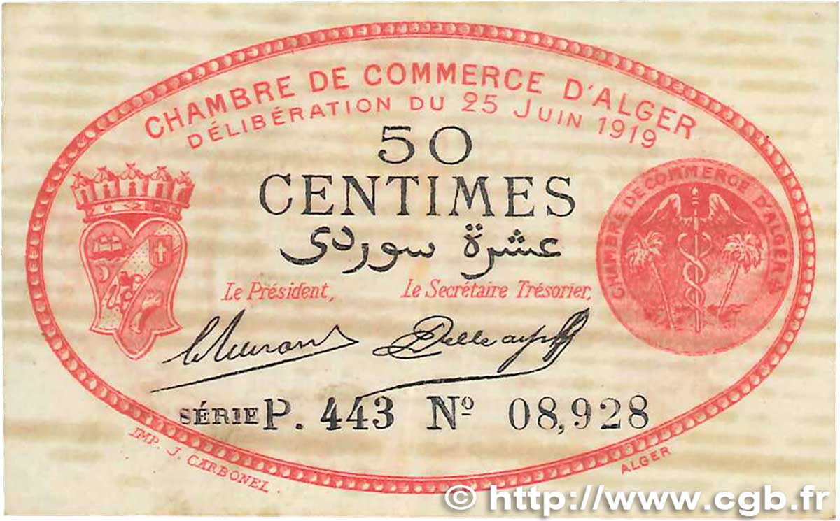 50 Centimes FRANCE regionalism and various Alger 1919 JP.137.11 VF-