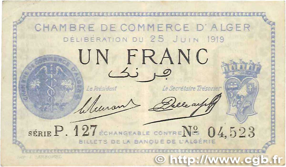 1 Franc FRANCE regionalism and various Alger 1919 JP.137.12 VF-
