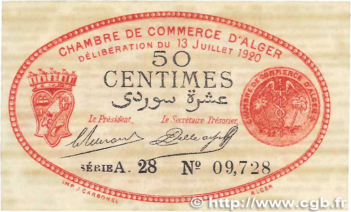 50 Centimes FRANCE regionalism and various Alger 1920 JP.137.13 VF+