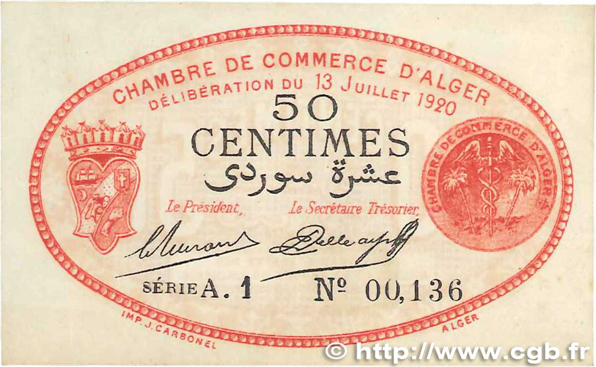 50 Centimes FRANCE regionalism and various Alger 1920 JP.137.13 XF+