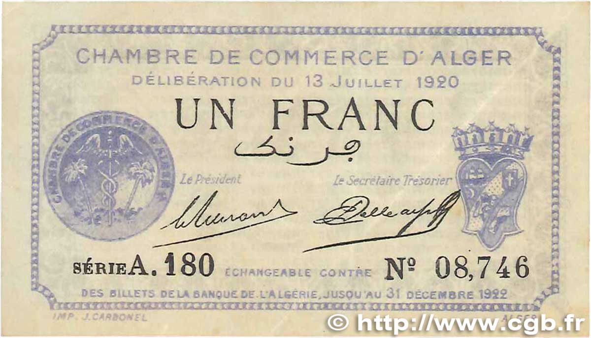 1 Franc FRANCE regionalism and various Alger 1920 JP.137.15 VF