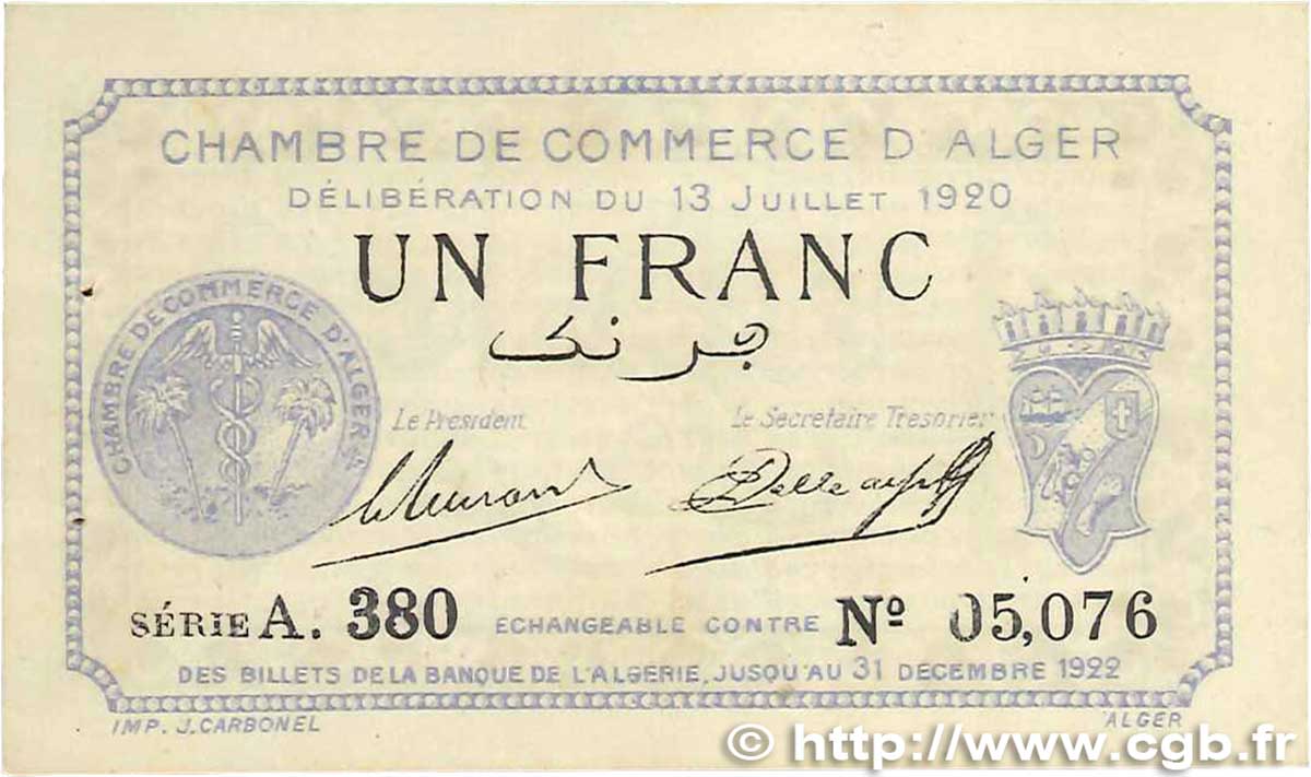 1 Franc FRANCE regionalismo y varios Alger 1920 JP.137.15 MBC+