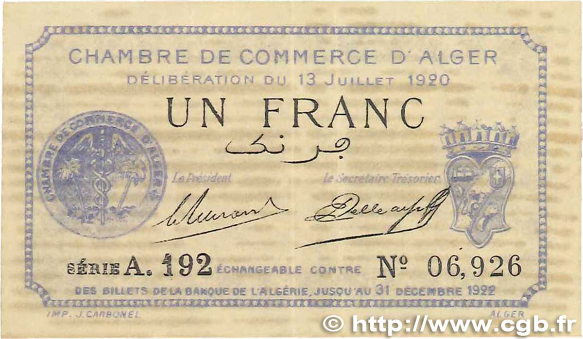 1 Franc FRANCE regionalism and various Alger 1920 JP.137.15 VF