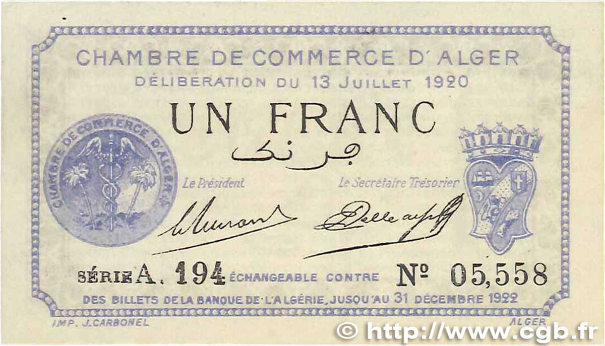 1 Franc FRANCE regionalism and various Alger 1920 JP.137.15 XF+