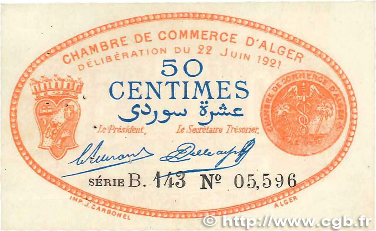 50 Centimes FRANCE regionalism and various Alger 1921 JP.137.19 VF