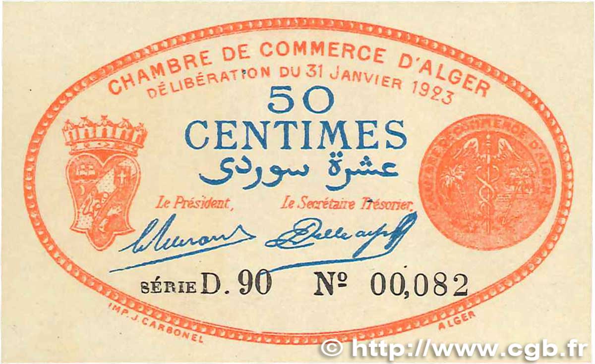 50 Centimes FRANCE regionalismo e varie Alger 1923 JP.137.25 AU