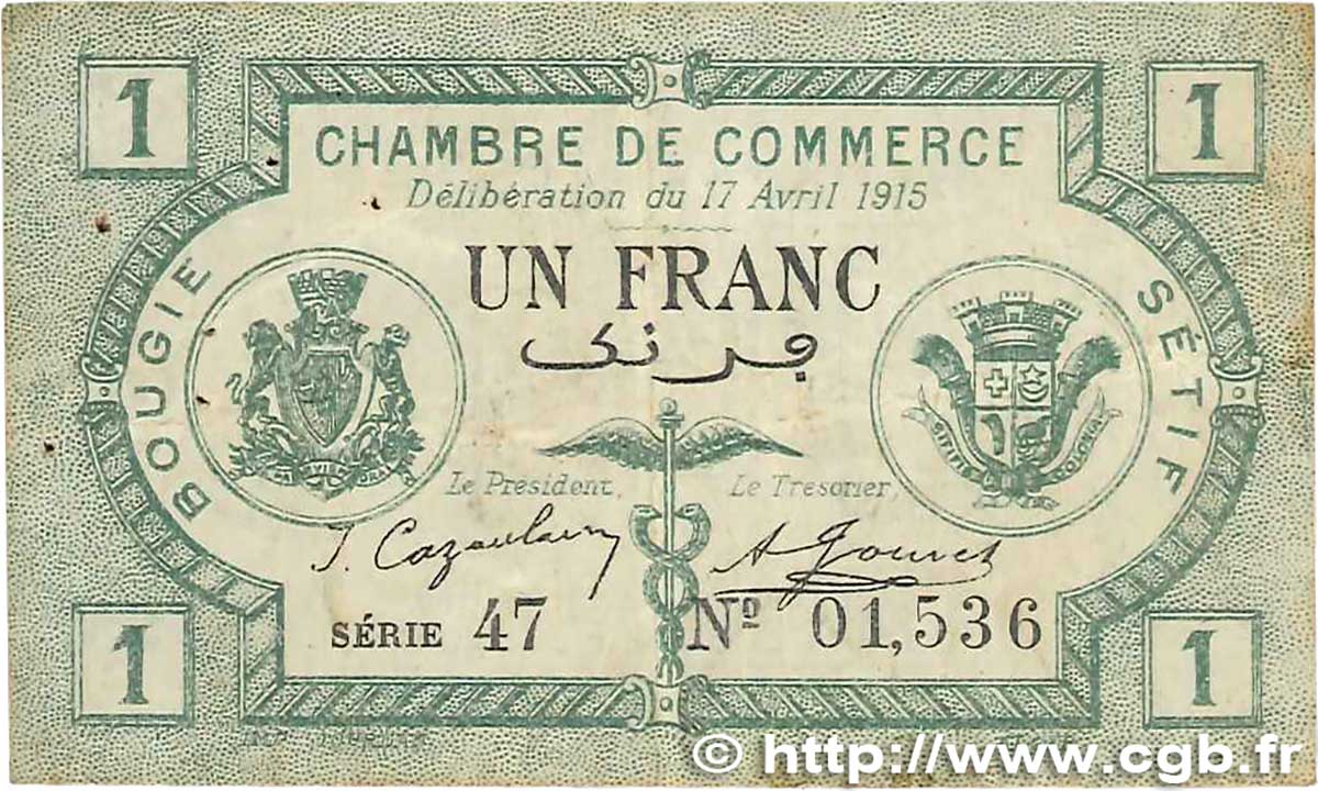 1 Franc FRANCE regionalismo e varie Bougie, Sétif 1915 JP.139.02 MB