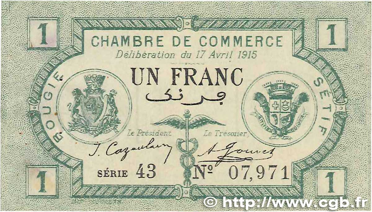 1 Franc FRANCE regionalismo e varie Bougie, Sétif 1915 JP.139.02 SPL