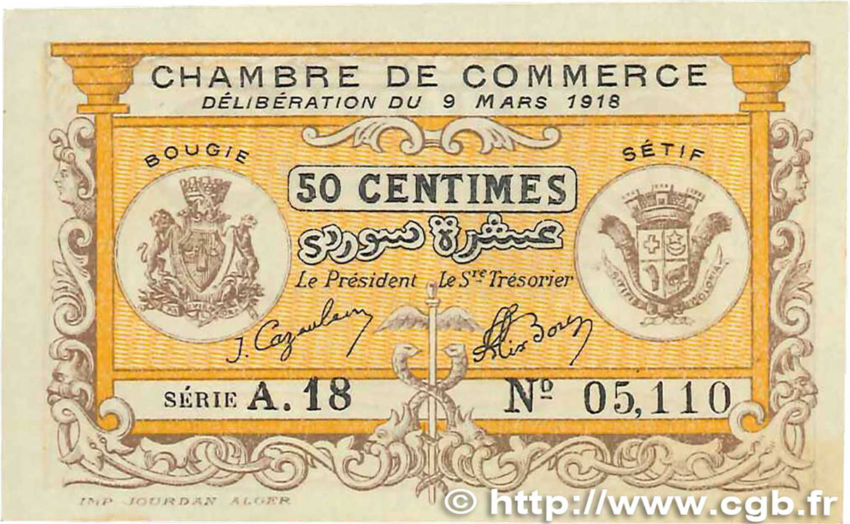 50 Centimes FRANCE Regionalismus und verschiedenen Bougie, Sétif 1918 JP.139.03 fST