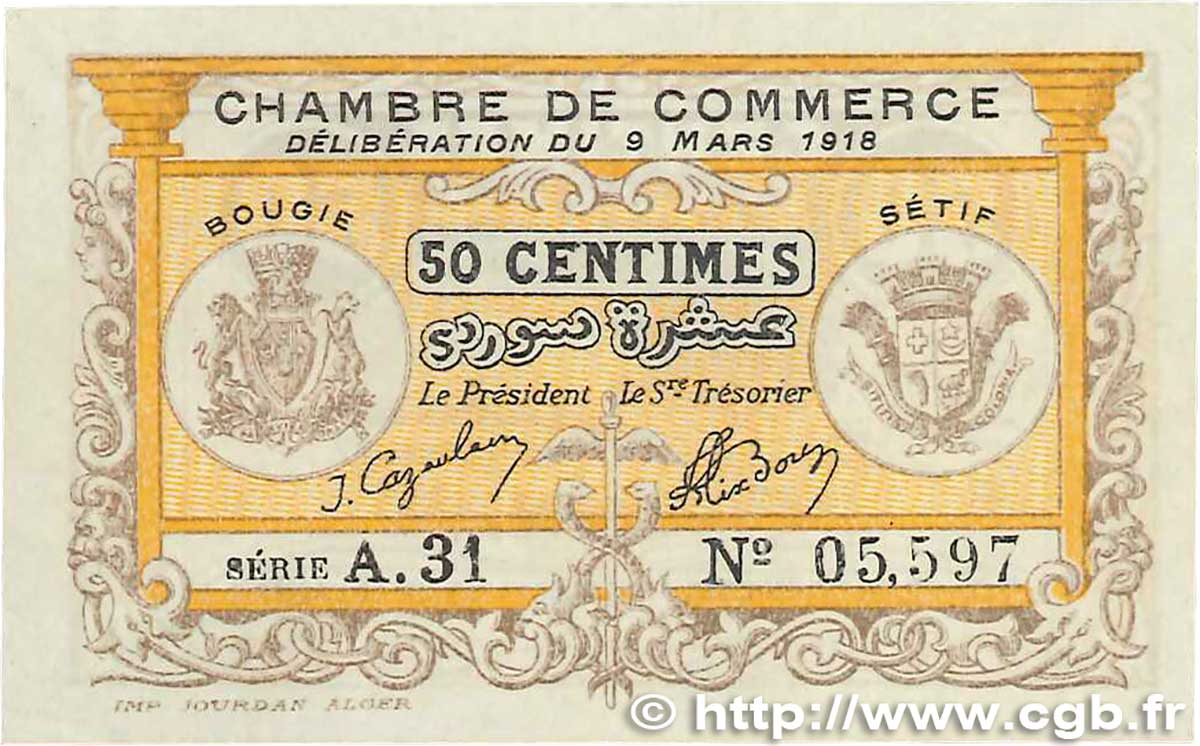 50 Centimes FRANCE regionalismo y varios Bougie, Sétif 1918 JP.139.03 FDC