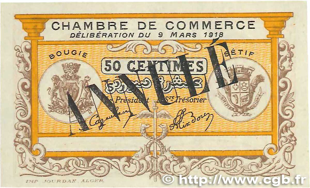 50 Centimes Annulé FRANCE Regionalismus und verschiedenen Bougie, Sétif 1918 JP.139.04 VZ+