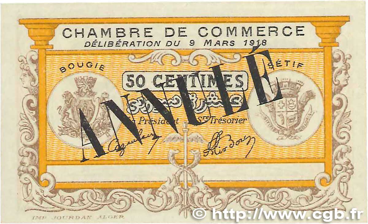50 Centimes Annulé FRANCE regionalismo e varie Bougie, Sétif 1918 JP.139.04 AU