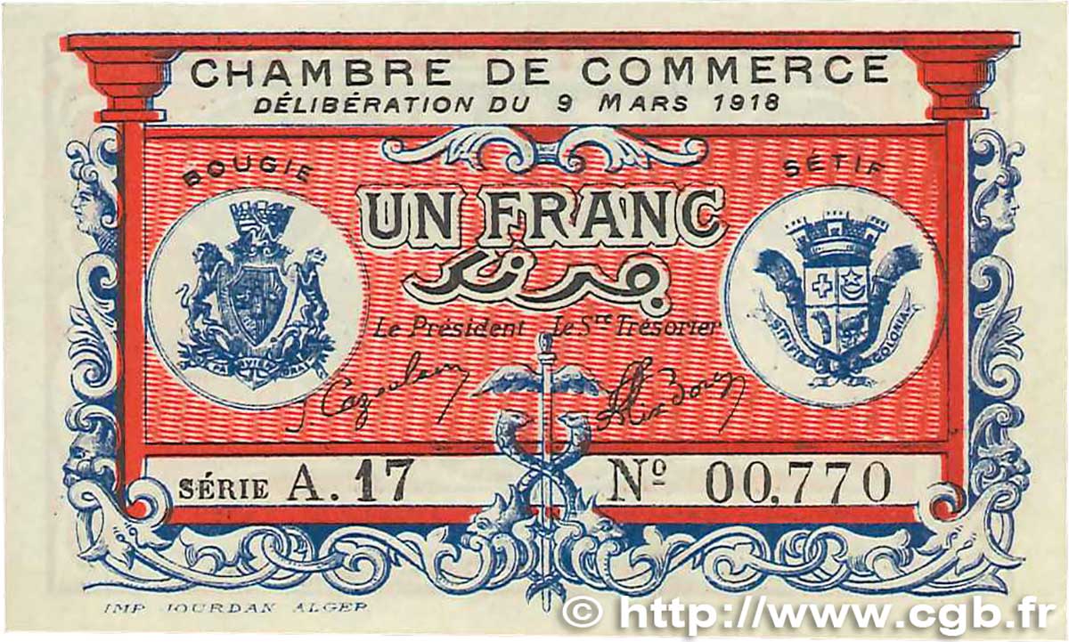 1 Franc FRANCE regionalism and various Bougie, Sétif 1918 JP.139.06 AU+