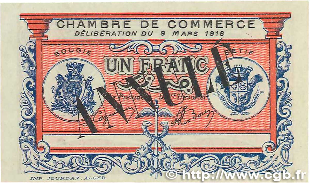 1 Franc Annulé FRANCE regionalism and miscellaneous Bougie, Sétif 1918 JP.139.07 UNC-