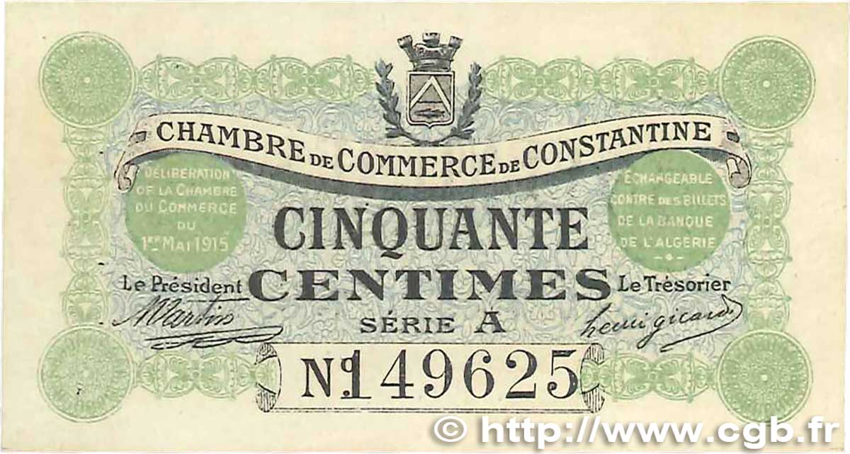50 Centimes FRANCE regionalism and various Constantine 1915 JP.140.01 AU-