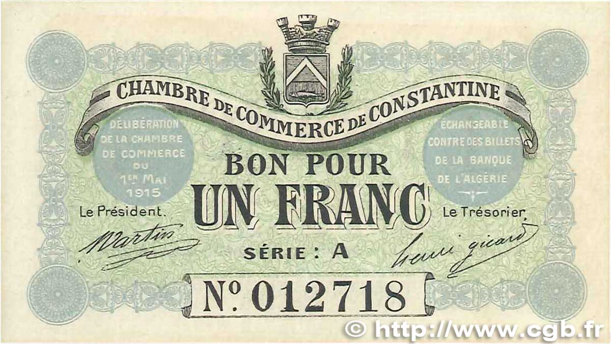1 Franc FRANCE regionalism and miscellaneous Constantine 1915 JP.140.02 UNC-