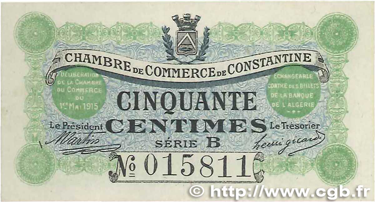 50 Centimes FRANCE regionalism and various Constantine 1915 JP.140.03 UNC-