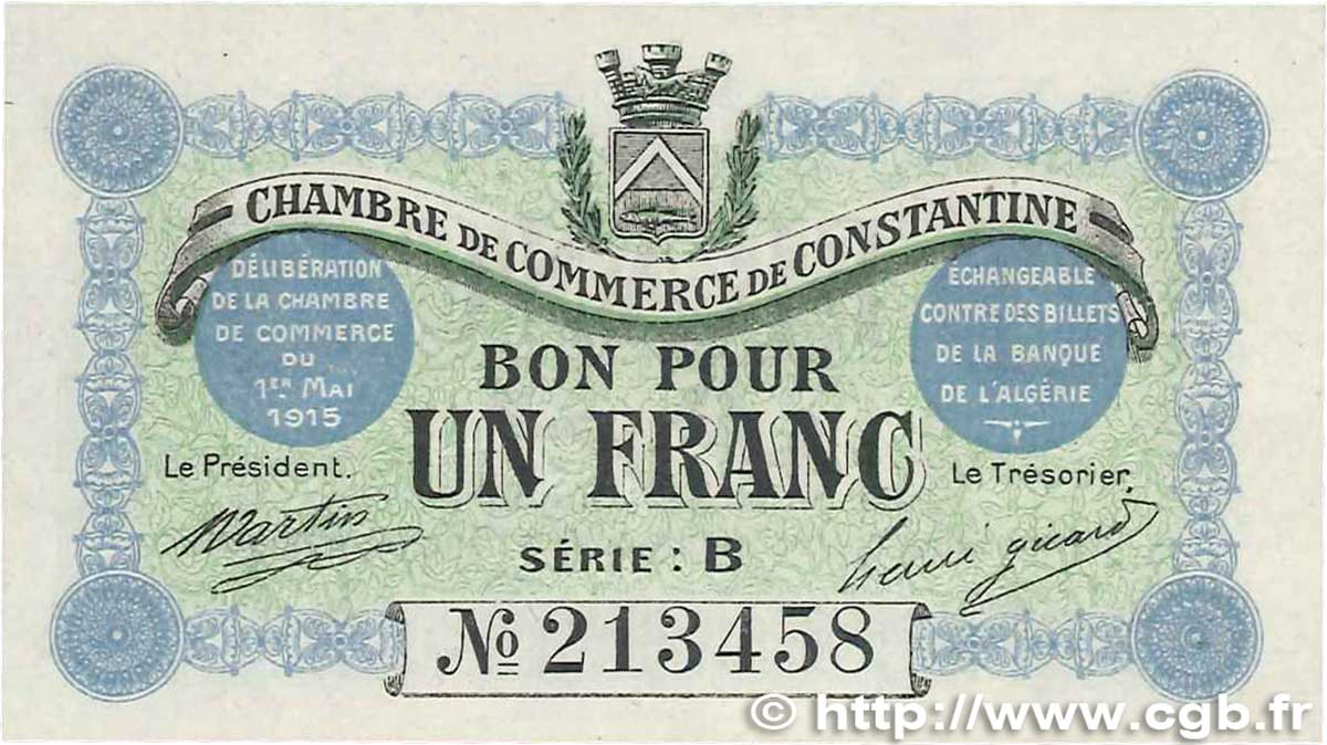 1 Franc FRANCE Regionalismus und verschiedenen Constantine 1915 JP.140.04 ST