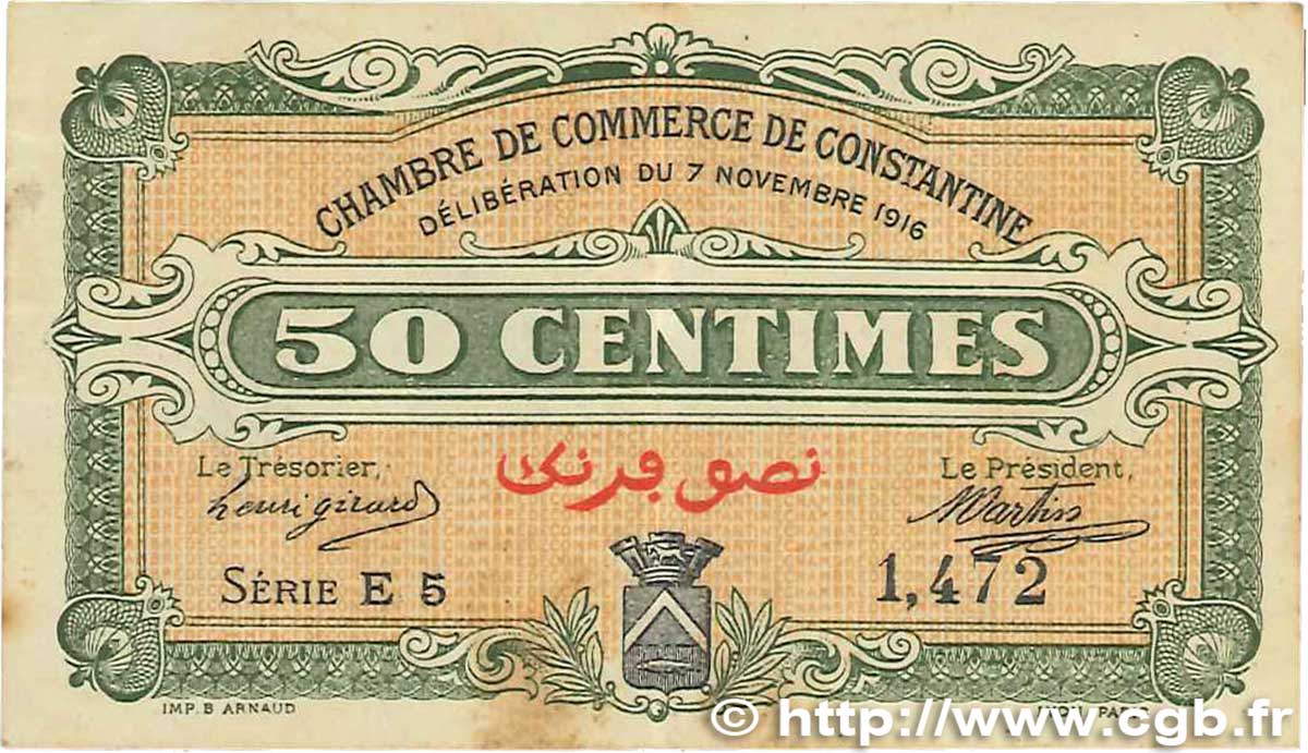 50 Centimes FRANCE regionalism and various Constantine 1916 JP.140.06 F