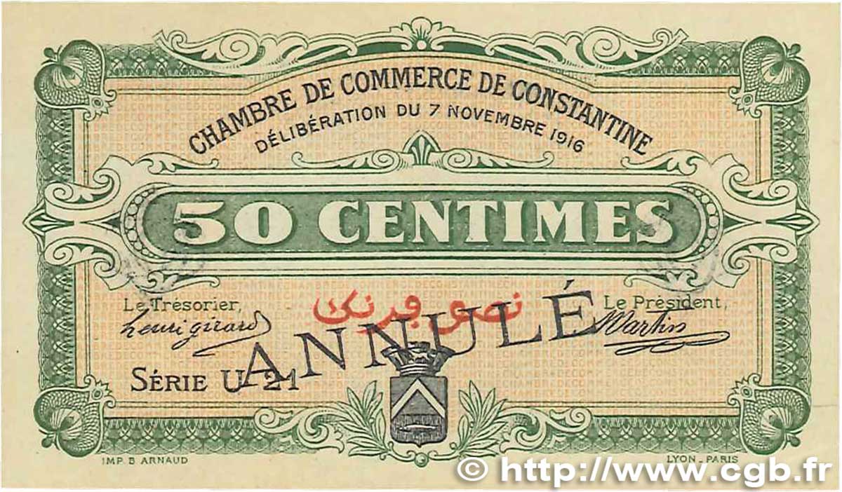 50 Centimes Annulé FRANCE Regionalismus und verschiedenen Constantine 1916 JP.140.07 fST+