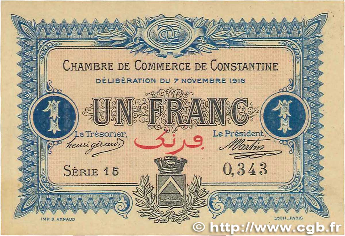 1 Franc FRANCE regionalismo e varie Constantine 1916 JP.140.10 SPL+