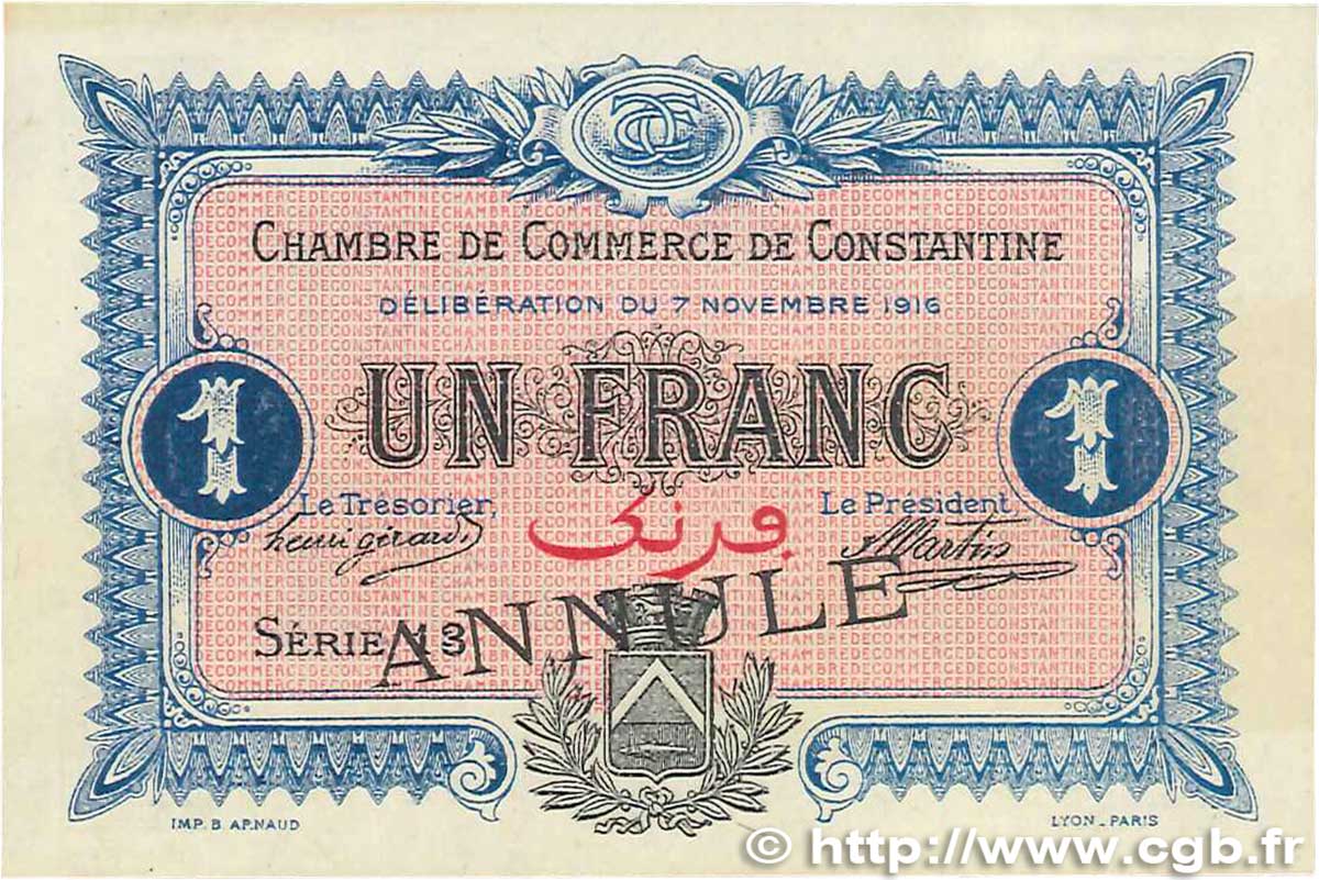 1 Franc Annulé FRANCE regionalismo e varie Constantine 1916 JP.140.11 SPL+
