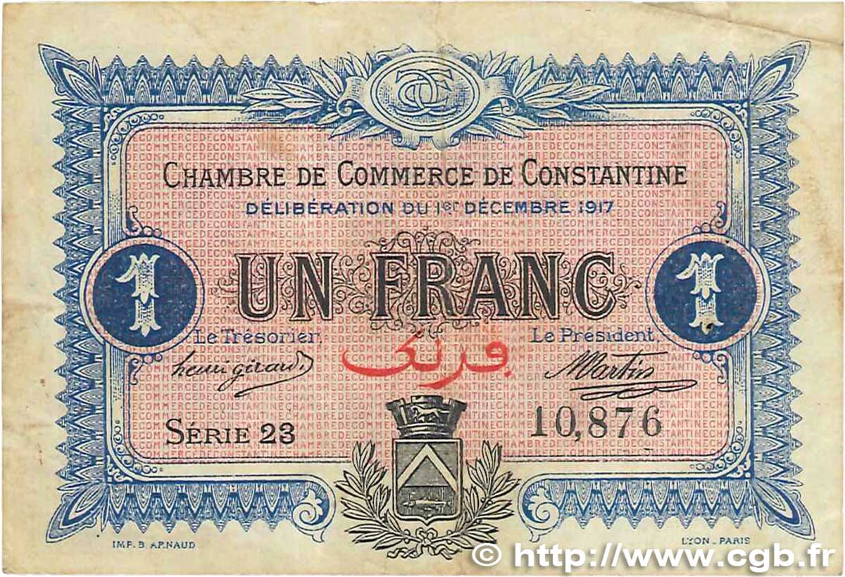 1 Franc FRANCE regionalism and various Constantine 1917 JP.140.15 VG