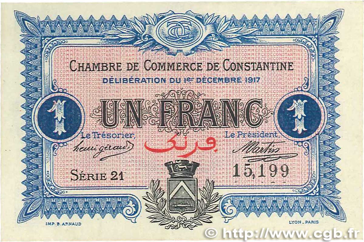 1 Franc FRANCE regionalism and various Constantine 1917 JP.140.15 AU-