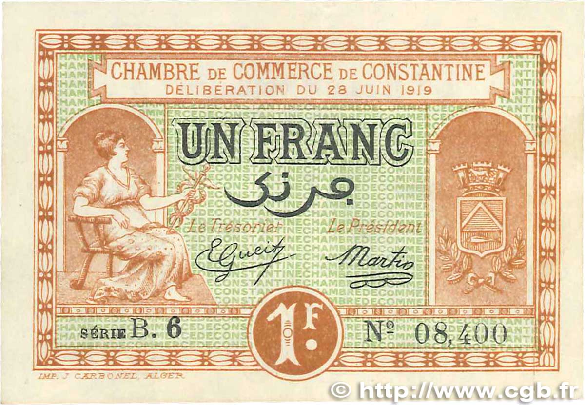 1 Franc FRANCE regionalism and miscellaneous Constantine 1919 JP.140.20 VF+