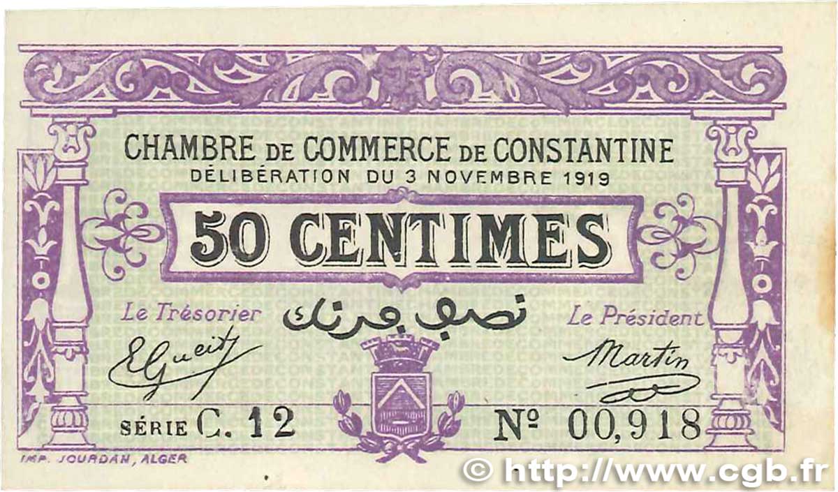 50 Centimes FRANCE regionalism and various Constantine 1919 JP.140.21 XF