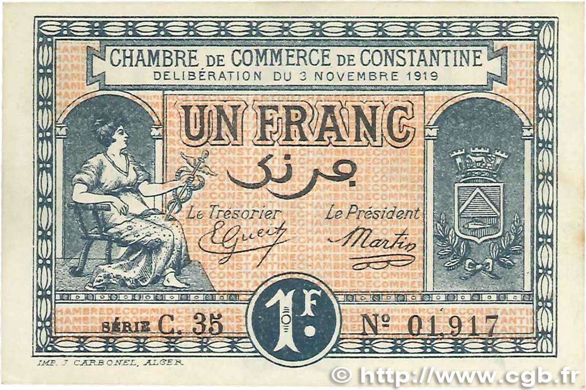 1 Franc FRANCE regionalism and various Constantine 1919 JP.140.22 XF+