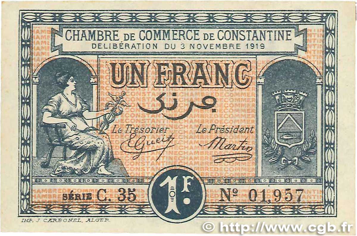 1 Franc FRANCE regionalism and miscellaneous Constantine 1919 JP.140.22 AU