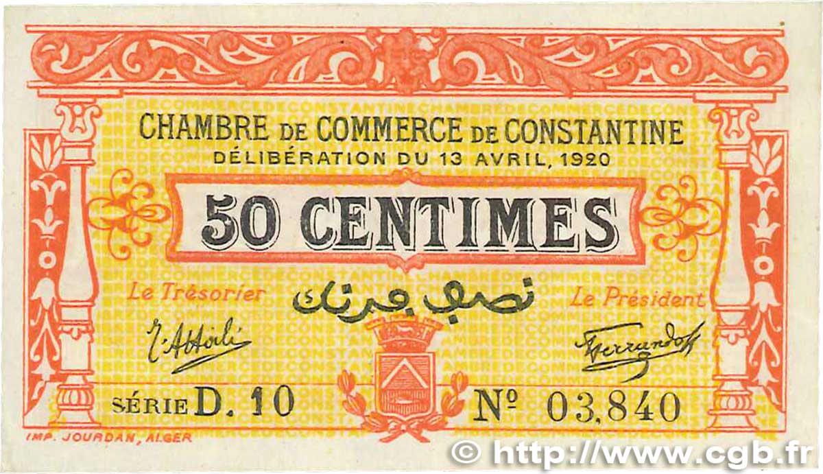 50 Centimes FRANCE regionalism and miscellaneous Constantine 1920 JP.140.23 VF+