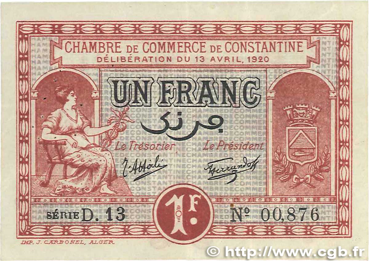 1 Franc FRANCE regionalism and miscellaneous Constantine 1920 JP.140.24 VF