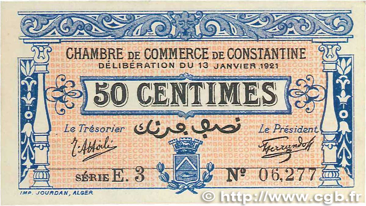 50 Centimes FRANCE regionalism and miscellaneous Constantine 1921 JP.140.25 AU