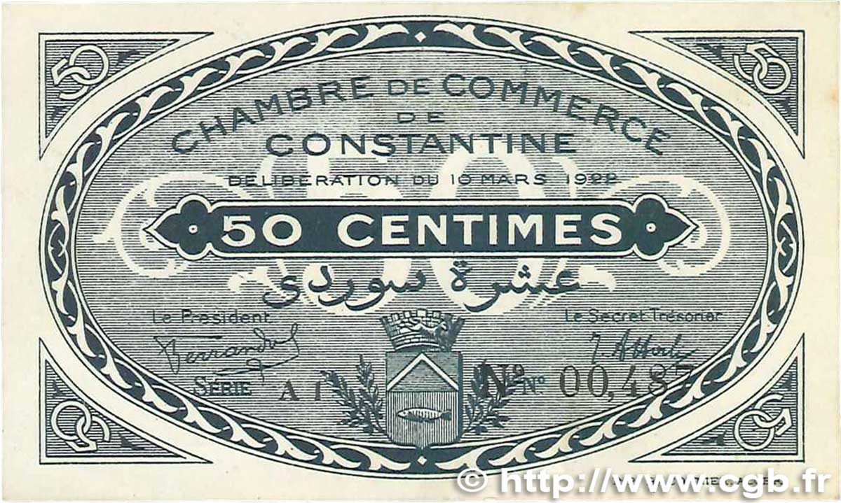 50 Centimes FRANCE Regionalismus und verschiedenen Constantine 1922 JP.140.36 fST