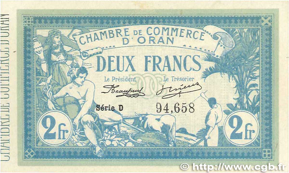 2 Francs FRANCE regionalism and various Oran 1915 JP.141.03 AU