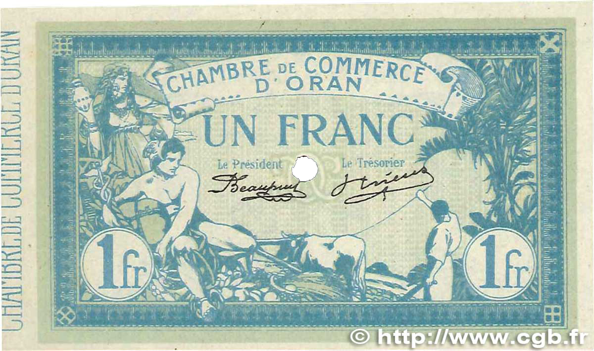 1 Franc Spécimen FRANCE Regionalismus und verschiedenen Oran 1915 JP.141.12 fST+