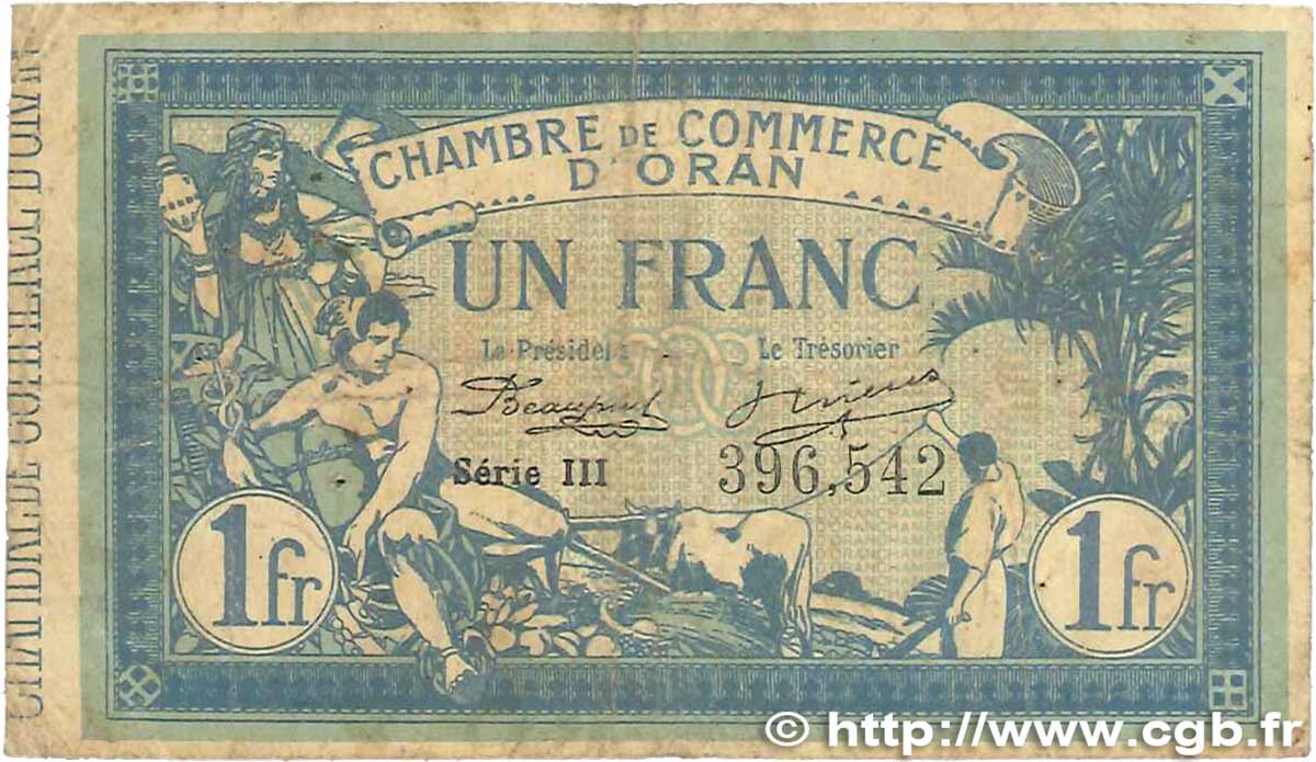 1 Franc FRANCE regionalism and miscellaneous Oran 1915 JP.141.20 VG