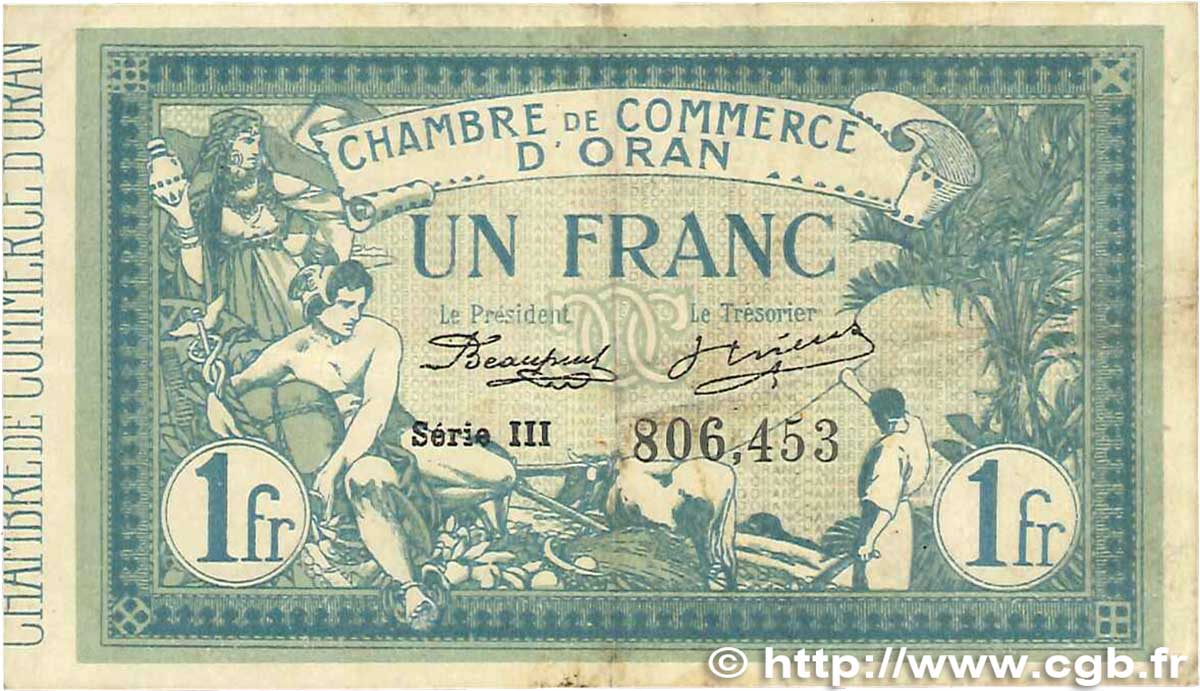 1 Franc FRANCE regionalism and miscellaneous Oran 1915 JP.141.20 VF