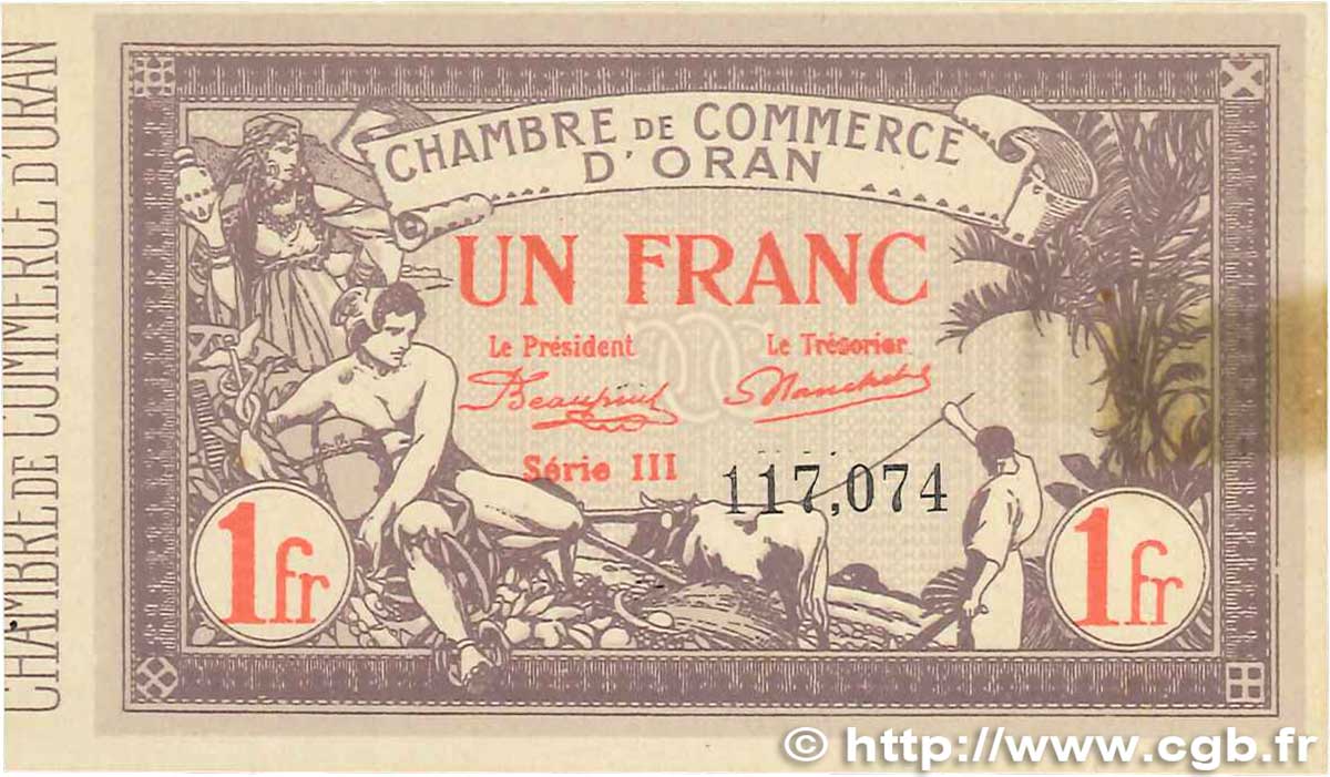 1 Franc FRANCE regionalism and miscellaneous Oran 1920 JP.141.23 AU