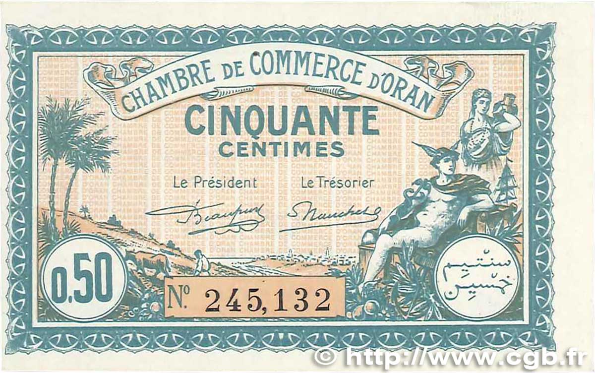 50 Centimes FRANCE regionalism and miscellaneous Oran 1921 JP.141.25 UNC