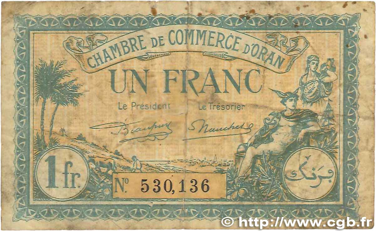 1 Franc FRANCE regionalism and various Oran 1921 JP.141.27 VG