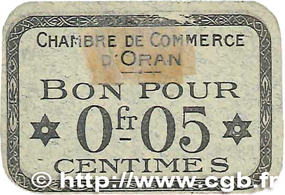 5 Centimes FRANCE regionalismo e varie Oran 1916 JP.141.46 SPL+