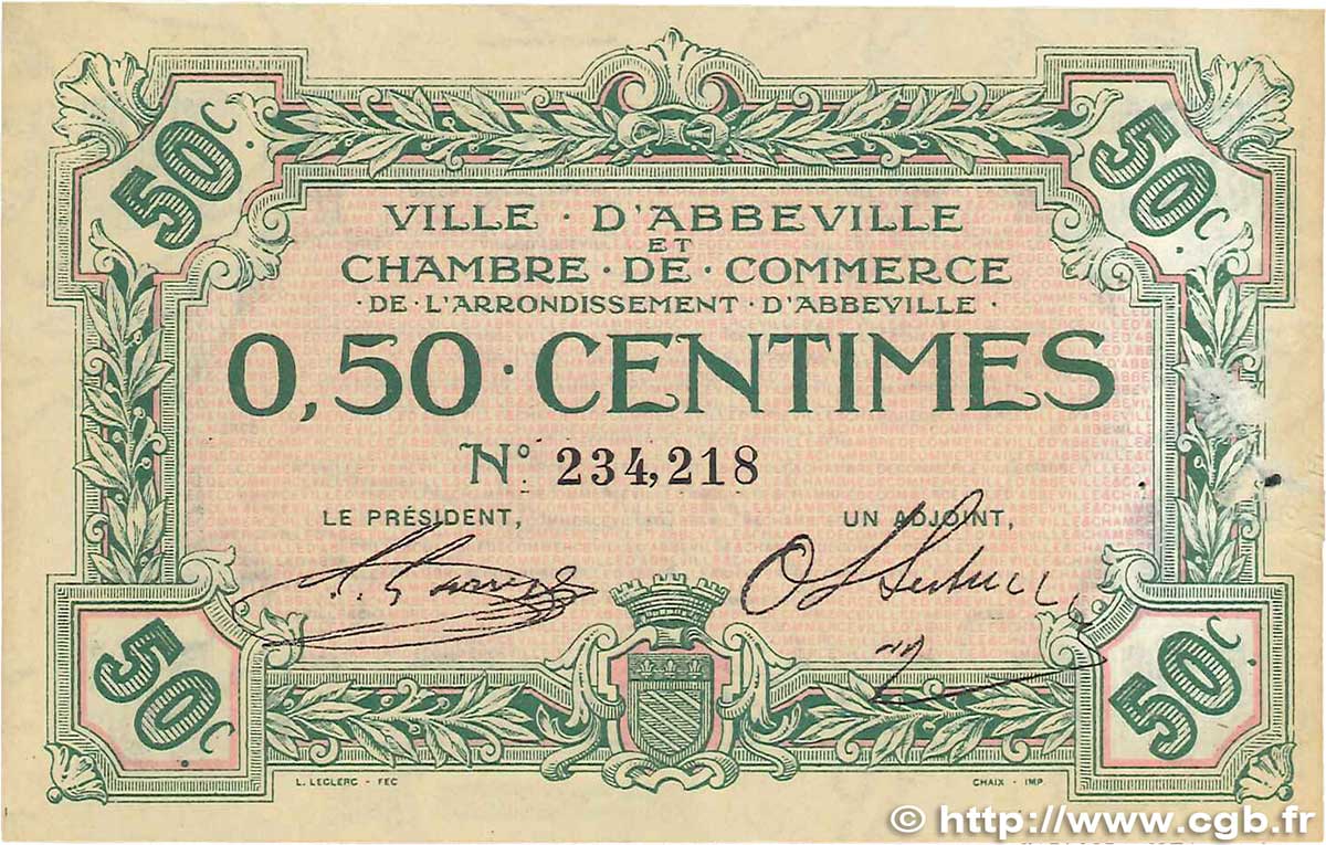50 Centimes FRANCE regionalismo y varios Abbeville 1920 JP.001.01 BC