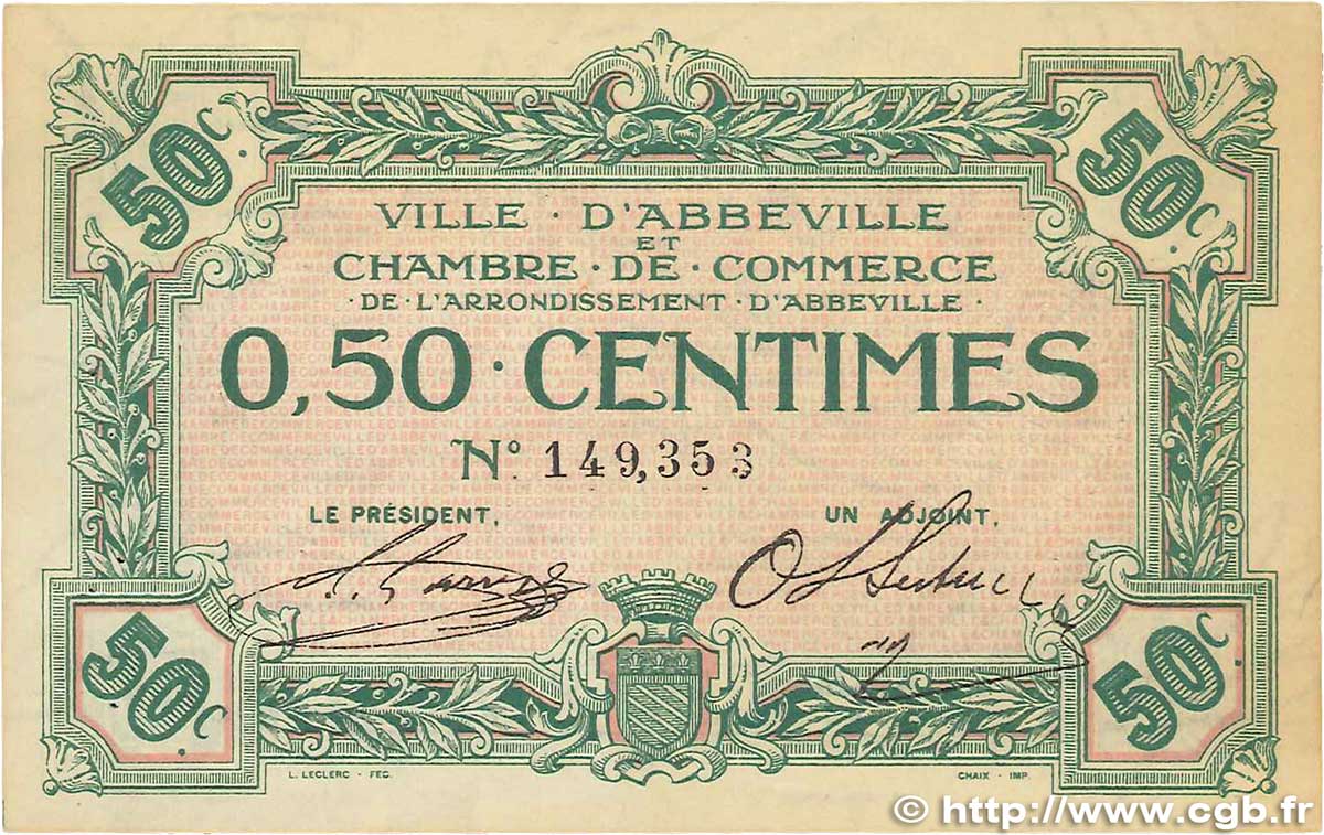 50 Centimes FRANCE regionalism and various Abbeville 1920 JP.001.01 VF+