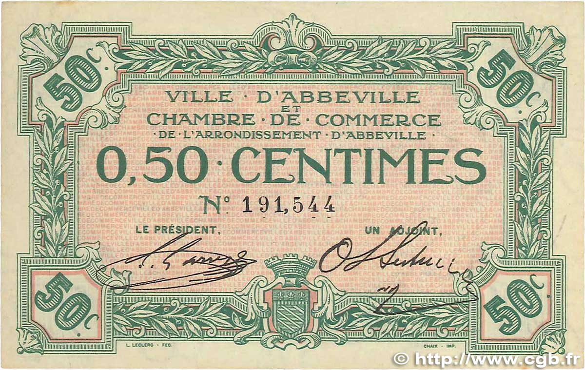 50 Centimes FRANCE regionalismo e varie Abbeville 1920 JP.001.01 SPL