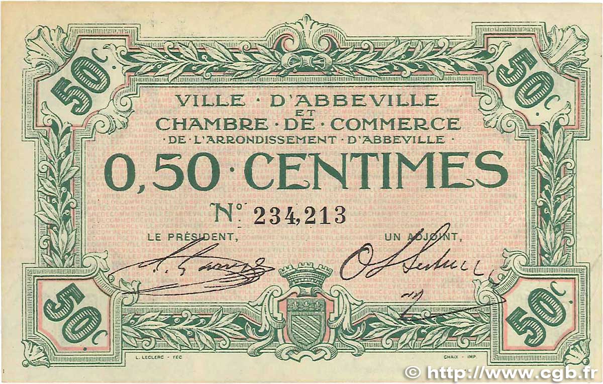 50 Centimes FRANCE regionalism and miscellaneous Abbeville 1920 JP.001.01 XF+