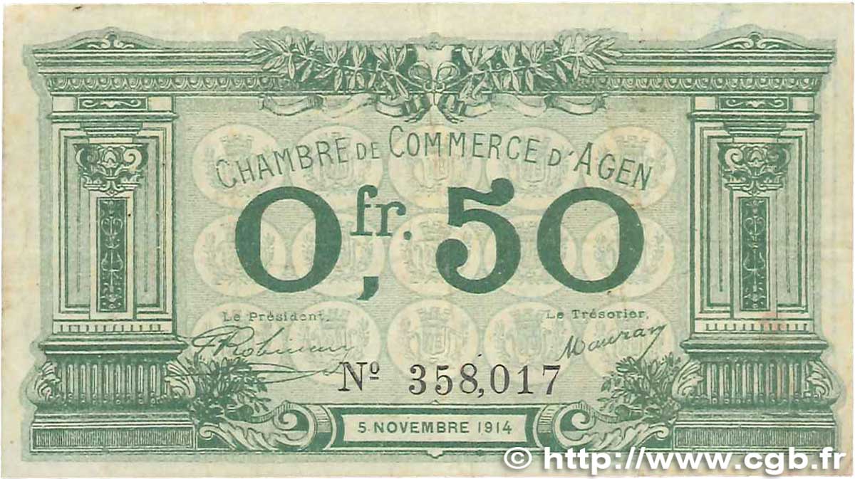 50 Centimes FRANCE Regionalismus und verschiedenen Agen 1914 JP.002.01 S